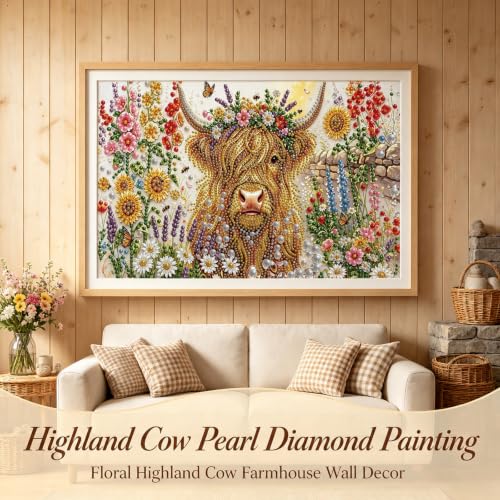 Flower Pearl Diamond Painting Kits for Adults,Highland Cow Diamond Art - color: PL75-1