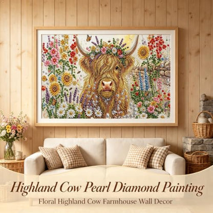 Flower Pearl Diamond Painting Kits for Adults,Highland Cow Diamond Art - color: PL75-1