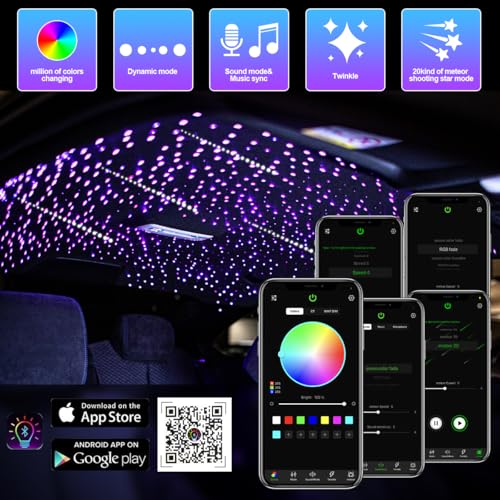 AMKI 16W 450pcs 0.03in 9.8ft Starlight Headliner Kit Twinkle+Sound Activated,Pure White Meteor Shooting Star APP/Remote Control RGBW Fiber Optic Starlight Box for Car Home Star Ceiling Decor - size: 546pcs*0.03in*9.8ft