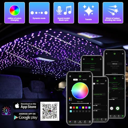AMKI 16W 450pcs 0.03in 9.8ft Starlight Headliner Kit Twinkle+Sound Activated,Pure White Meteor Shooting Star APP/Remote Control RGBW Fiber Optic Starlight Box for Car Home Star Ceiling Decor - size: 546pcs*0.03in*9.8ft