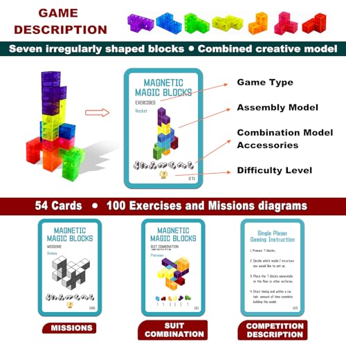 Magnetic Building Blocks Magic Magnetic 3D Puzzle Cubes, Set of 7 Multi Shapes Magnetic Blocks with 54 Guide Cards, Parent-Child Interactive Children's Educational Toys (7 Color) - color: 7color