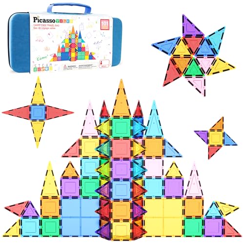 PicassoTiles 101 PCs Magnetic Tiles Building Block with Storage Case Included Bold Colors Travel Carry Case Construction Set for Boys & Girls Great Gift Preschool Kindergarten Montessori Playing Toys - color: Multicolor