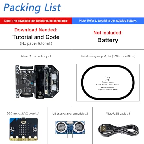 FREENOVE Micro:Rover Kit for BBC Micro:bit (V2 Included), Obstacle Avoidance, Light-tracing, Line-Tracking, Remote Control, Playing Melody, Colorful Lights, Example Projects, Blocks and Python Code - color: With Micro:bit