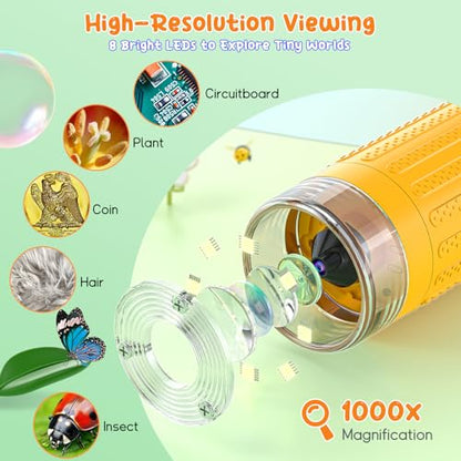 SKYBASIC Digital Microscope for Kids, 3" Screen 1000X Handheld Microscope HD Pocket Portable Microscopes Camera, Science Edu Fun Birthday Gifts Toys for Ages 4-12 Children Students Boys Girls -Yellow - color: 3"-Yellow