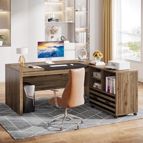 Tribesigns 62.2" L-Shaped Executive Desk with Mobile File Cabinet - color: Light Brown and Black