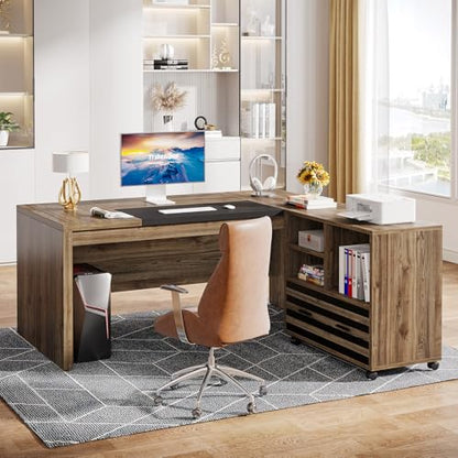 Tribesigns 62.2" L-Shaped Executive Desk with Mobile File Cabinet - color: Light Brown and Black
