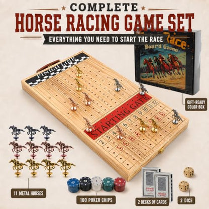 Horse Race Board Game Foldable Solid Wood Horse Racing Game - color: Large Folding Box-light Burnt