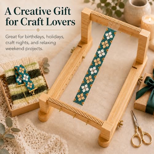 TMEGMIC 2-in-1 Wooden Bead Loom Kit, Bracelet and Coaster Weaving Kit with - color: Emerald Green Kit