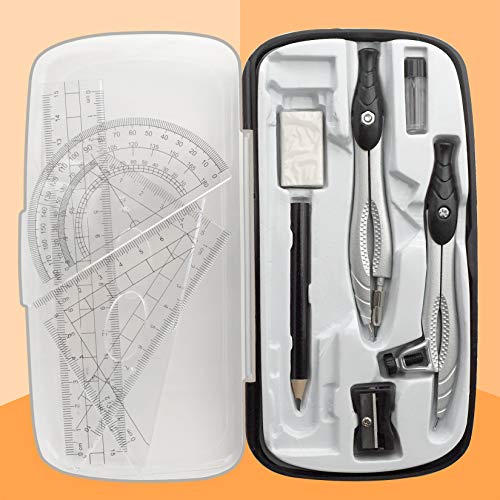 Akuoly Professional Geometry Compass Set, Starter Compass Set Includes 2 Drafting Compasses, Protractor, 2 Set Squares, Ruler in Storage Box, Back-to-School Math Supplies for Students, Black
