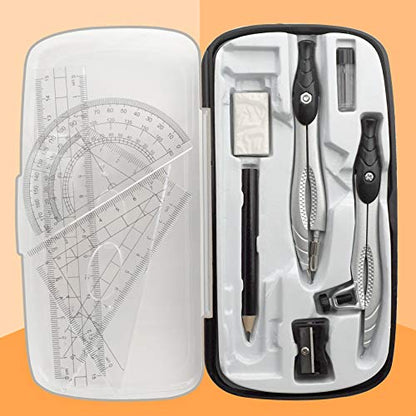 Akuoly Professional Geometry Compass Set, Starter Compass Set Includes 2 Drafting Compasses, Protractor, 2 Set Squares, Ruler in Storage Box, Back-to-School Math Supplies for Students, Black