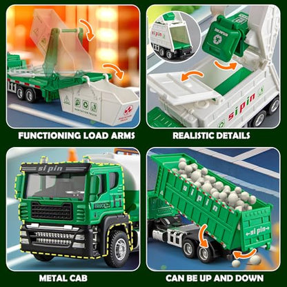 4 Packs Die-cast Mini Garbage Truck Toy, Metal Trash Truck Vehicles Set for Kids, Friction Powered Recycling, Tankers, Alloy Dump Model Toy for Toddlers Boys - style: Garbage Trucks Set