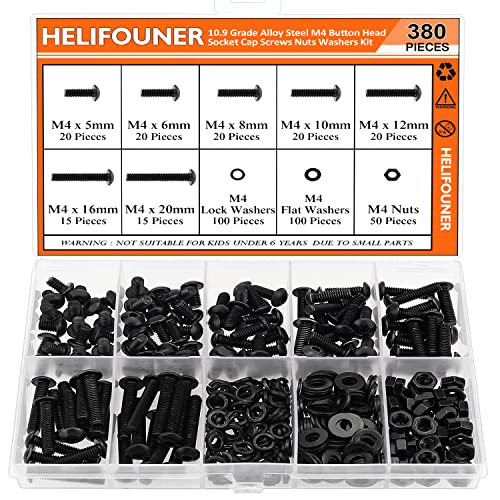 HELIFOUNER 380 Pieces M4 x 5mm /6mm /8mm /10mm /12mm /16mm /20mm, Button Head Socket Cap Screws Bolts Washers Nuts Kit, 10.9 Grade Alloy Steel, Full Threaded, Black - size: M4, style: Button Head