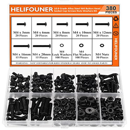 HELIFOUNER 380 Pieces M4 x 5mm /6mm /8mm /10mm /12mm /16mm /20mm, Button Head Socket Cap Screws Bolts Washers Nuts Kit, 10.9 Grade Alloy Steel, Full Threaded, Black - size: M4, style: Button Head