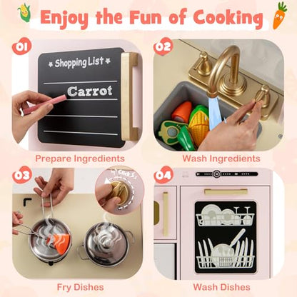 Costzon Kids Kitchen Playset, Wooden Pretend Play Kitchen w/Real Lights & Sounds, Chalkboard, Microwave, Ice Maker, Dishwasher, Sink, Cookware Accessories, Play Kitchen for Kids Ages 3+ (Pink) - color: Wooden Pink