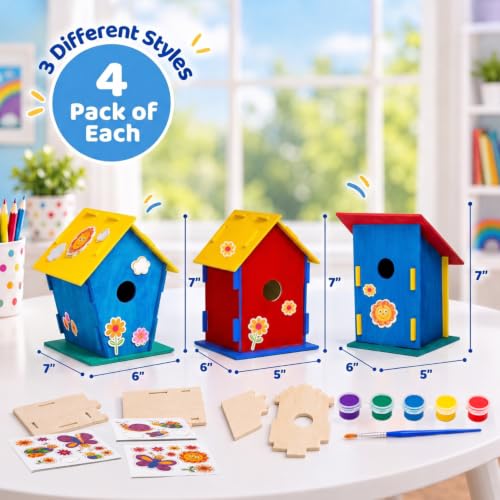 Neliblu DIY 12 Wooden Bird House Kits - Creative Arts and Crafts Set for Adults - Unfinished Wood Birdhouses with Paint Strips, Brushes, Stickers and Strings - 3 Unique Shapes, 2 Sizes