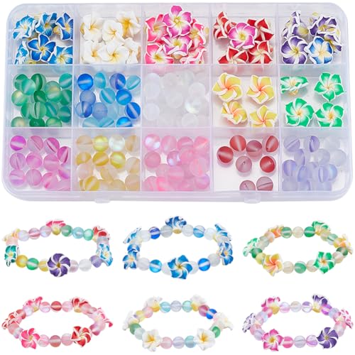 SUNNYCLUE 1 Box 150Pcs 6 Sets Flower Bracelet Making Kit Plumeria Flowers Beads with 10m Crystal String Summer Hawaii Ocean Beach Moonstone Beads for Jewelry Making Adults Supplies Adults Beginner - style: Plumeria Flower 3