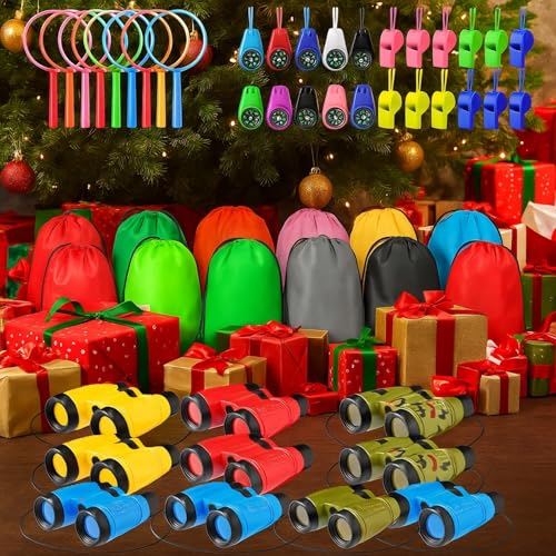 Foilswirl 12 Set Binocular Compass Magnifying Glass Set Christmas Birthday Gift Small Telescope Binocular with Whistle Bag for Outdoor Exploring Stocking Stuffer(Colorful,Camouflage)