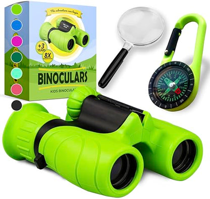 Binoculars for Kids – Perfect Toy for Little Boys and Girls – Extensive Set Incl. Magnifying Glass & Compass – Powerful Magnification 8X21 – 3 to 12 Year Old Kids for Toddler - color: Green