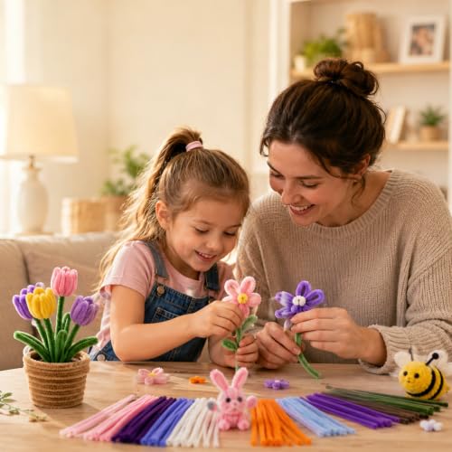 YYAWWNE 800 PCS Pipe Cleaners Flower Kit, 13 Colors Chenille Stem, with Handle, Packaging Paper and Ribbon Decoration and Instruction, DIY Bouquet Art Supplies, Art and Craft Supplies