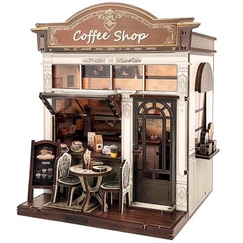 3D Wooden Coffee Shop Book Nook Kit - DIY Miniature Model with LED Lights, 143 Precision-Cut Pieces for Adults & Teens (1:24 Scale, Stress Relief Craft Gift) - color: Coffe Shop