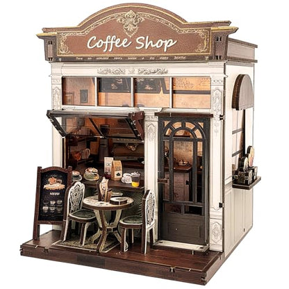 3D Wooden Coffee Shop Book Nook Kit - DIY Miniature Model with LED Lights, 143 Precision-Cut Pieces for Adults & Teens (1:24 Scale, Stress Relief Craft Gift) - color: Coffe Shop