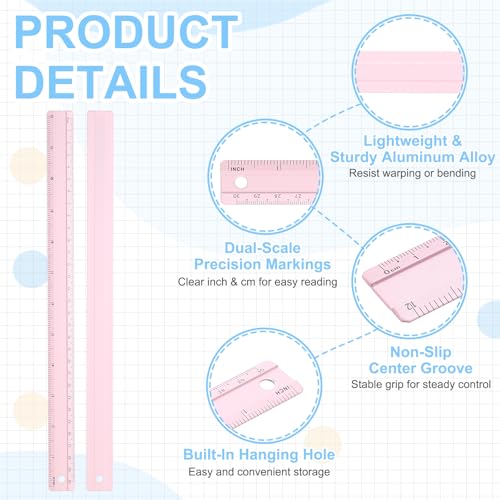 PATIKIL Metal Ruler 12 Inch/30cm, 2 Pcs Aluminum Straight Edge Ruler, Dual Scale Measuring Tool with Inch/Centimeter Scales & Hole for Math Office Drawing Engineering Home, Pink - color: Pink