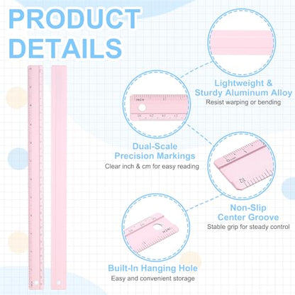 PATIKIL Metal Ruler 12 Inch/30cm, 2 Pcs Aluminum Straight Edge Ruler, Dual Scale Measuring Tool with Inch/Centimeter Scales & Hole for Math Office Drawing Engineering Home, Pink - color: Pink