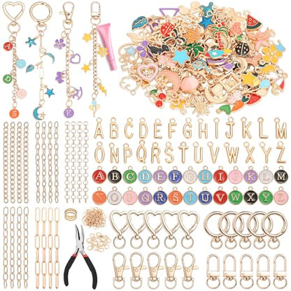 selizo 404Pcs Charms Lip Gloss Keychain Making Kit, DIY Craft Supplies with Charms, Key Chain Hooks, Jump Rings, Lobster Clasps, Chains, Jewelry Making Kit for Custom Keychains, Bags, Valentines Gifts - color: Gold-404Pcs Kit