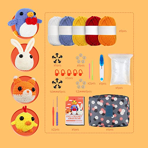 Coopay Crochet Kit for Beginners Adults w/Step-by-Step Tutorial - color: 4 In 1 Animal Kit