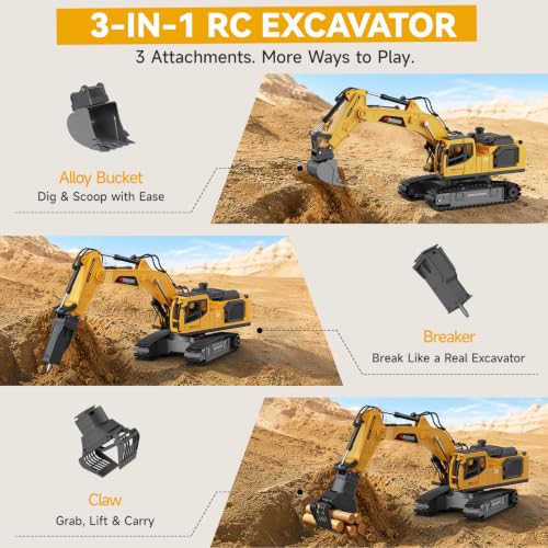 Remote Control Excavator Toy for Boys, 3-in-1 RC Excavator with Alloy Bucket, Breaker & Grapple, Construction Vehicle Toys with Lights & Sounds, 2×1200mAh Batteries, Birthday Gift for Kids 8-12 - size: 1:18 Scale