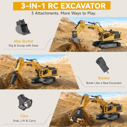 Remote Control Excavator Toy for Boys, 3-in-1 RC Excavator with Alloy Bucket, Breaker & Grapple, Construction Vehicle Toys with Lights & Sounds, 2×1200mAh Batteries, Birthday Gift for Kids 8-12 - size: 1:18 Scale