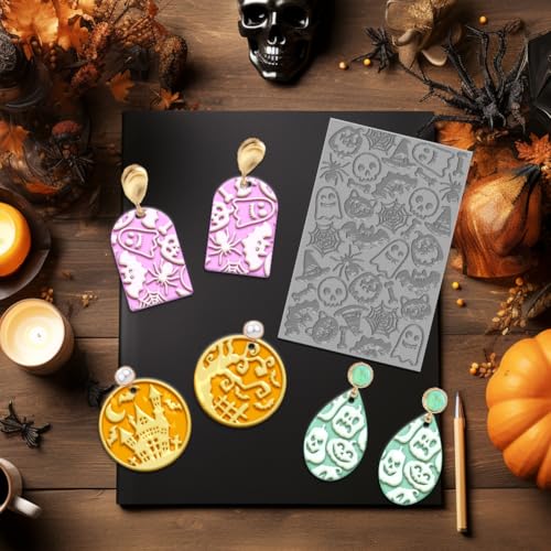 4PCS Halloween Polymer Clay Texture Sheets Set for Using with Clay Cutters, Pumpkins Clay Texture Mats, Jewelry Making DIY Halloween Craft Tools - style: Halloween Theme-4pcs