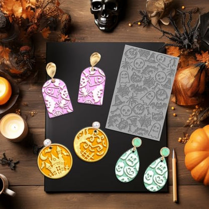 4PCS Halloween Polymer Clay Texture Sheets Set for Using with Clay Cutters, Pumpkins Clay Texture Mats, Jewelry Making DIY Halloween Craft Tools - style: Halloween Theme-4pcs