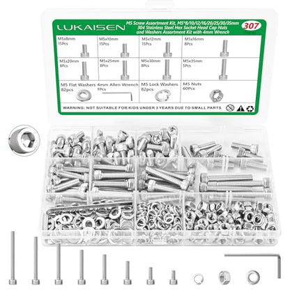 307 Pcs M5 Hex Socket Cap Screws Nuts Flat Washers Kit, 304 SS - size: SS M5 307pcs 3