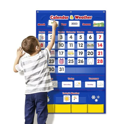 Calendar and Weather Pocket Chart, Classroom Organized Chart, 149 Pieces - color: Blue