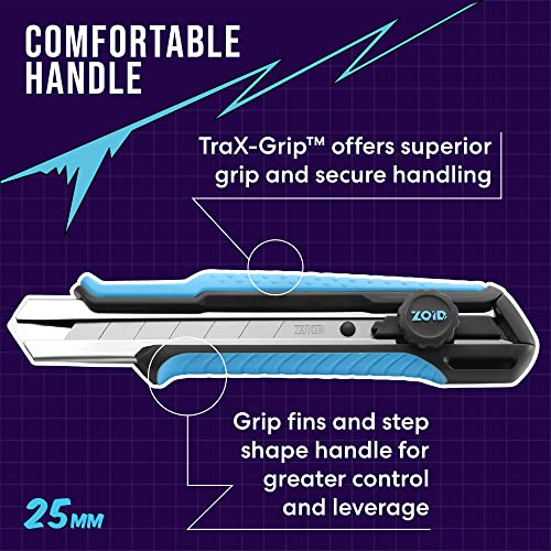 Zoid 25mm Snap Knife with TraX-Grip and Wheel Lock, High-Carbon Steel Blade, Retractable Box Cutter, Utility Knife for Cutting, 7-Segment Snap Blade, Textured Grip for Comfort and Stability - size: Single, style: 25mm Snap Knife with Wheel Lock