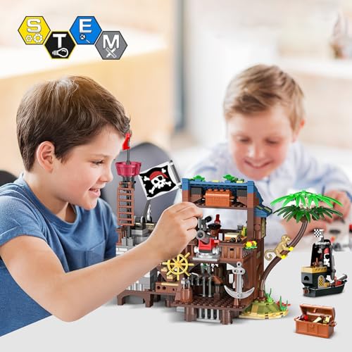 HOGOKIDS 3-in-1 Pirate House STEM Building Set with LED Light for Boy 6-12+