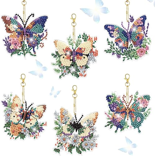 YUE ZHE 6PCS Butterfly Diamond Art Kits for Adults Double Sided Diamond Art Keychains Butterfly DIY 5D Painting Keychains Kits for Adults Beginners DIY Crafts - color: Butterfly style