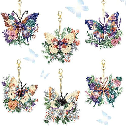 YUE ZHE 6PCS Butterfly Diamond Art Kits for Adults Double Sided Diamond Art Keychains Butterfly DIY 5D Painting Keychains Kits for Adults Beginners DIY Crafts - color: Butterfly style