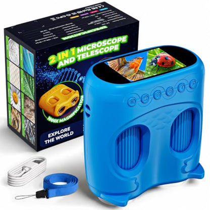 Kids Digital Microscope with Telescope, Ashfly 1000X Handheld Microscope with Screen Photo & Video, STEM Educational Toys for Kids Ages 4-12, Gift for Boys & Girls, Exploration Everywhere, Blue - color: Blue