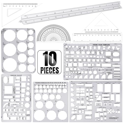 Zonon 10 Pcs Architect Scale & Geometric Drawing Template, Classic, Clear - color: Clear, style: Classic