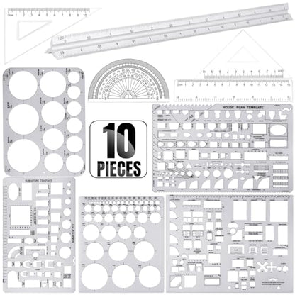 Zonon 10 Pcs Architect Scale & Geometric Drawing Template, Classic, Clear - color: Clear, style: Classic