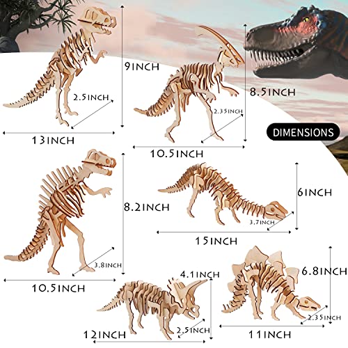 calary 3D Wooden Puzzle Simulation Animal Dinosaur Assembly DIY Model Toy for Kids and Adults,Set of 6 - style: A-Dinosaur Assembly