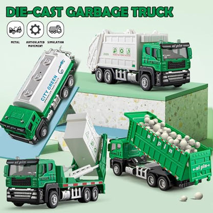 4 Packs Die-cast Mini Garbage Truck Toy, Metal Trash Truck Vehicles Set for Kids, Friction Powered Recycling, Tankers, Alloy Dump Model Toy for Toddlers Boys - style: Garbage Trucks Set