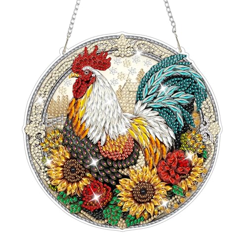 AIRDEA Hanging Diamond Painting Kits Rooster,Special Shaped Diamond Art Kits Farm Gem Art Pendant Decor,19.8x19.7cm - color: yellow red brown