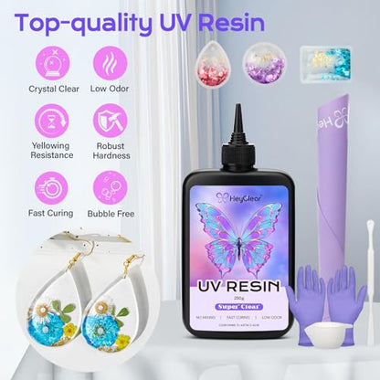 HeyClear 250g UV Resin kit -Crystal Clear, Hard UV Epoxy Resin - size: 250g