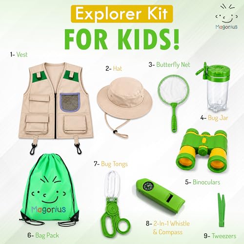 I Wonder' Explorer Kit for Kids - 9 Piece Adventure & STEM Outdoor Set with 3-in-1 Compass, Binoculars, and Butterfly Net - Educational Gift for Boys and Girls
