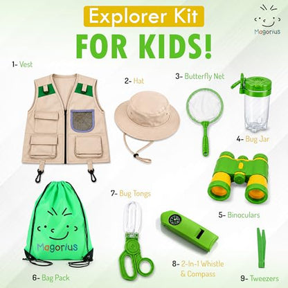 I Wonder' Explorer Kit for Kids - 9 Piece Adventure & STEM Outdoor Set with 3-in-1 Compass, Binoculars, and Butterfly Net - Educational Gift for Boys and Girls