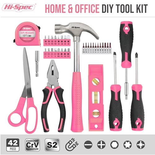 Hi-Spec Tool Kit, General Household Hand Tool Set with Toolbox Storage Case, All-in-One Compact Toolkit for DIY & Dorm Use, Pink - color: Pink
