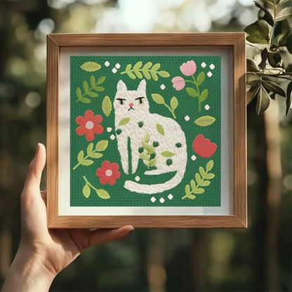 Doodlream Cat Leaf DIY Punch Needle Embroidery Kit for Adult Beginner, 9.4" White Cat Punch Stitching Craft Set for Starter with Frame, Fabric Pattern, Threader, Yarn, Pinch Needle - color: Cat Leaf
